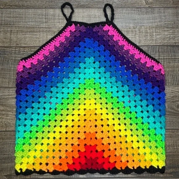 Handcrafted Crochet Halter Top Rainbow Granny Acrylic Yarn Art Handmade Knit - Picture 12 of 16
